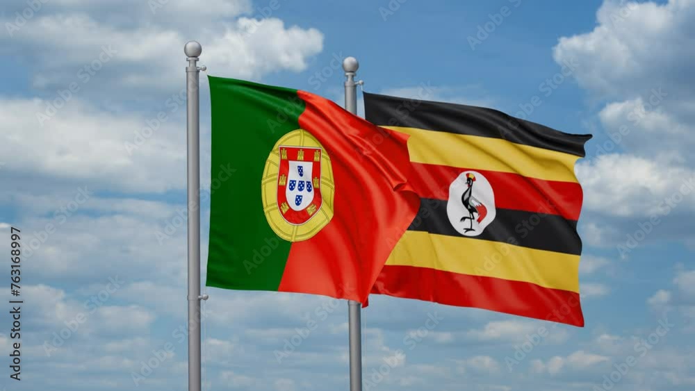 Republic of Uganda and Portugal two flags waving together, looped video, two country cooperation concept Republic of Uganda and Portugal two flags waving together, looped video, two country cooperation concept