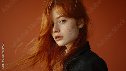 A close up of a person with long red hair