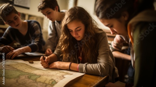 History teacher assists student middle school maps and textbooks on desk