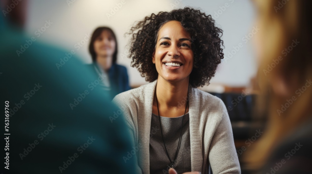 Group therapy environment led by psychologist participants share and connect