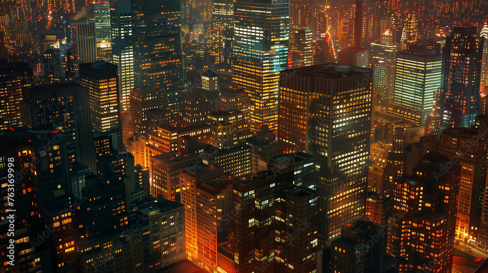 Aerial Night View of City, Urban Lights, Metropolis Landscape