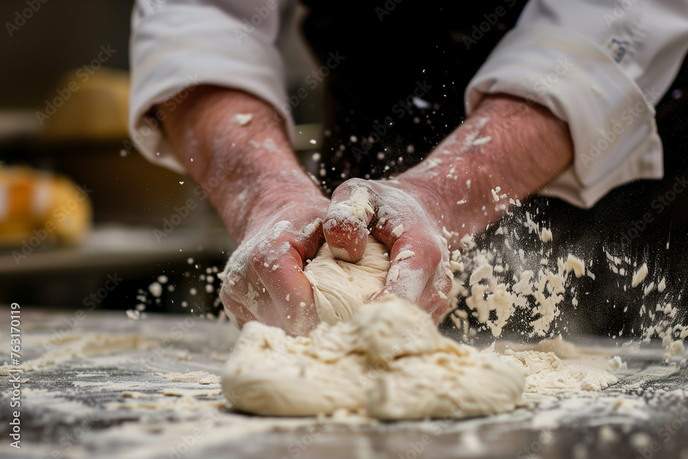 Chef hands kneading dough on a wooden table with flour