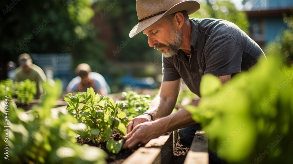 Community garden botanist with volunteers cultivating crops urban gardening collaboration Community garden botanist with volunteers cultivating crops urban gardening collaboration