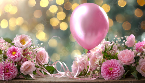 illustration de deux bouquets de fleurs rose avec au milieu un ballon rose sur un fond noir avec des ronds or en effet bokeh