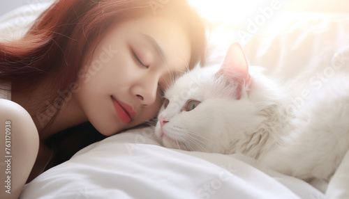 style photography white cat moring kiss to sleep