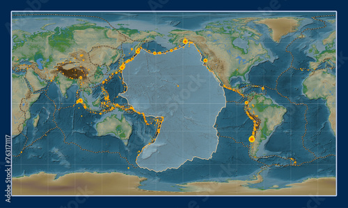 Pacific tectonic plate. Physical. Patterson Cylindrical. Earthquakes and boundaries