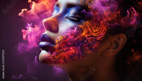 Beautiful abstract portrait with double exposure and colorful digital paint splash, nebula concept