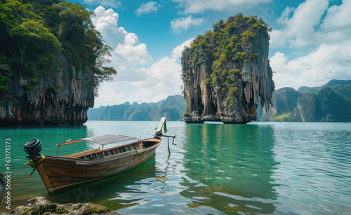 The breathtaking island of Phuket, Thailand with its iconic James Bond beach and traditional longtail boats © Kien