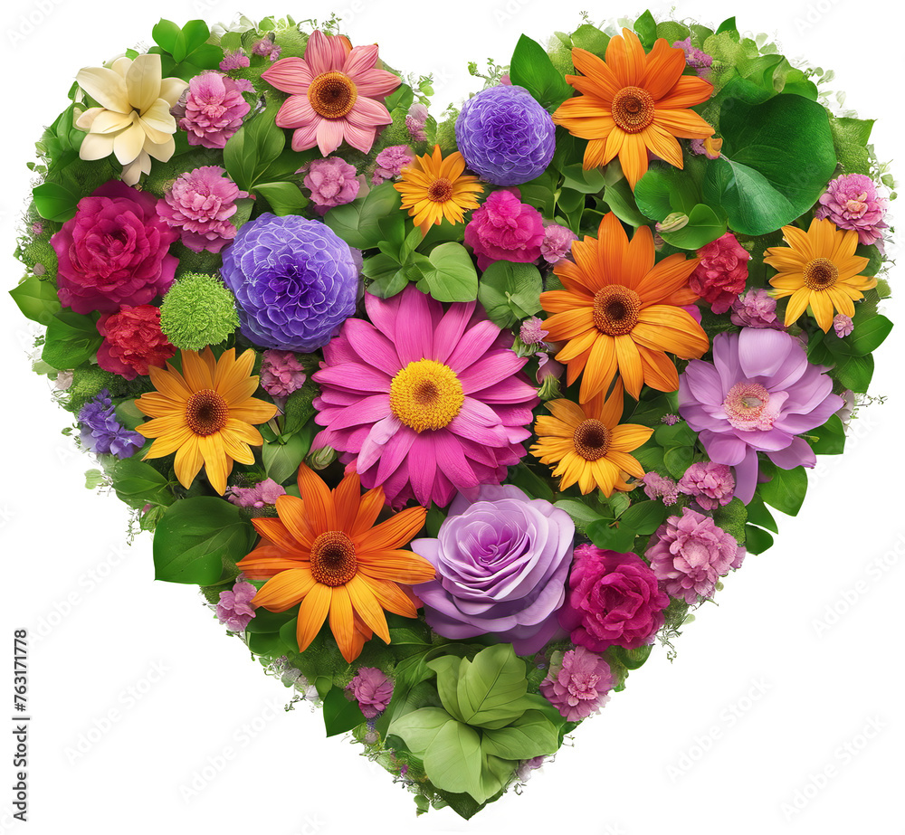 Φωτογραφία Heart symbol made of colored flowers and green leaves, isolated on transparent background