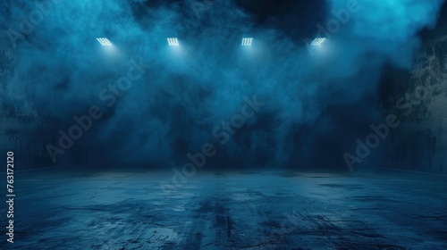 concept of dark blue background, empty dark scene, neon lights, spotlights Asphalt floor and studio room.
