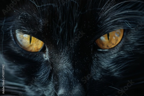 A closeup view of a black cat with striking yellow eyes, embodying Halloween superstitions and folklore
