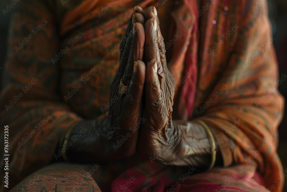 Close-up of a person with folded hands in a prayerful gesture, expressing serenity and devotion in their spiritual practice