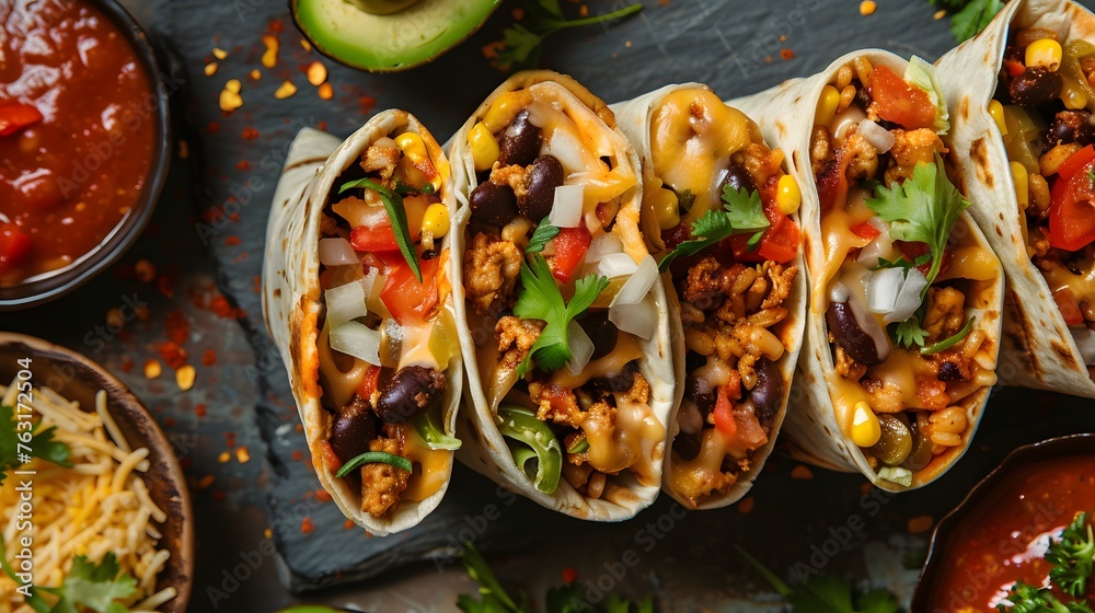Burrito is a traditional dish of Mexican cuisine, consisting of a flour tortilla usually filled with different ingredients, most variants use beans and meat (beef, pork or chicken) with side dishes - obrazy, fototapety, plakaty 