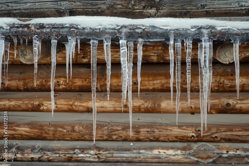 Detailed closeup of icicles hanging from the eaves of a rustic cabin, symbolizing the chill and majesty of winter weather