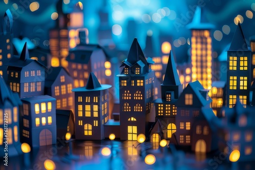 Paper craft art images with landscapes, buildings and lights.