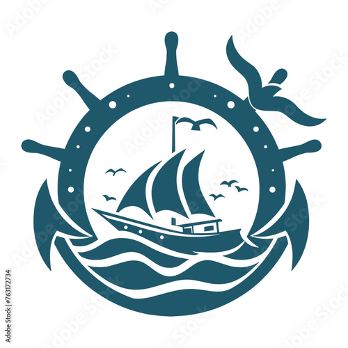 Maritime logo with a sailboat, old steering wheel of a ship, blue, waves and seagulls, vector