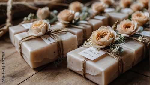 Weeding favors mini soaps with flowers on favour table,rustic style decoration in nature colour,small guest gift,orignal party souvenirs. photo