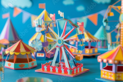 Paper art images depicting colorful carnival scenes. Complete with a Ferris wheel and cardboard booths.
