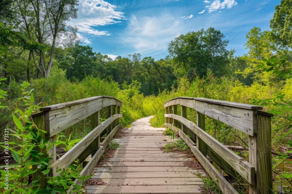 A sturdy wooden bridge stretching across a forest trail, surrounded by lush greenery and tall trees