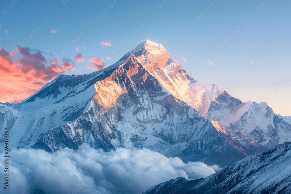 Fototapeta premium A snowcapped mountain peak with dramatic clouds in the foreground, creating a stunning winter landscape in a mountainous region
