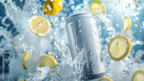 Aluminum cans without logos with splashes of ice and lemon. Layout for advertising banners, etc