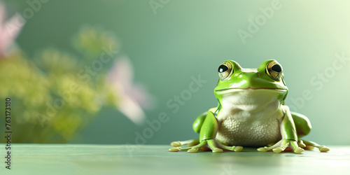Green frog on the wooden table with a blurred green background photo