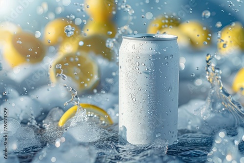 Aluminum cans without logos with splashes of ice and lemon. Layout for advertising banners, etc