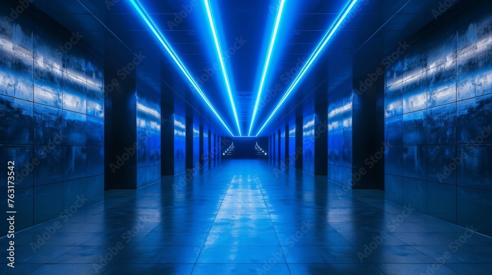 Blue Neon Lights in Modern Underground Passage, An underground passage bathed in blue neon light, with converging lines leading to a vanishing point, evoking a futuristic vibe.