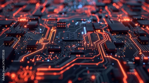 Macro close-up view of an electronic circuit board highlighting the pathways and micro components.