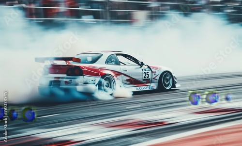 Vehicle drifting on track, tires smoking. Motorsport action