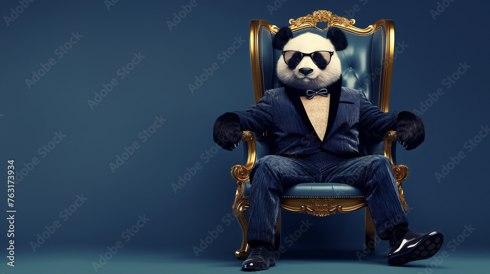 Elegant panda in a business suit sitting in a leather armchair with sunglasses. Generative AI Elegant panda in a business suit sitting in a leather armchair with sunglasses. Generative AI
