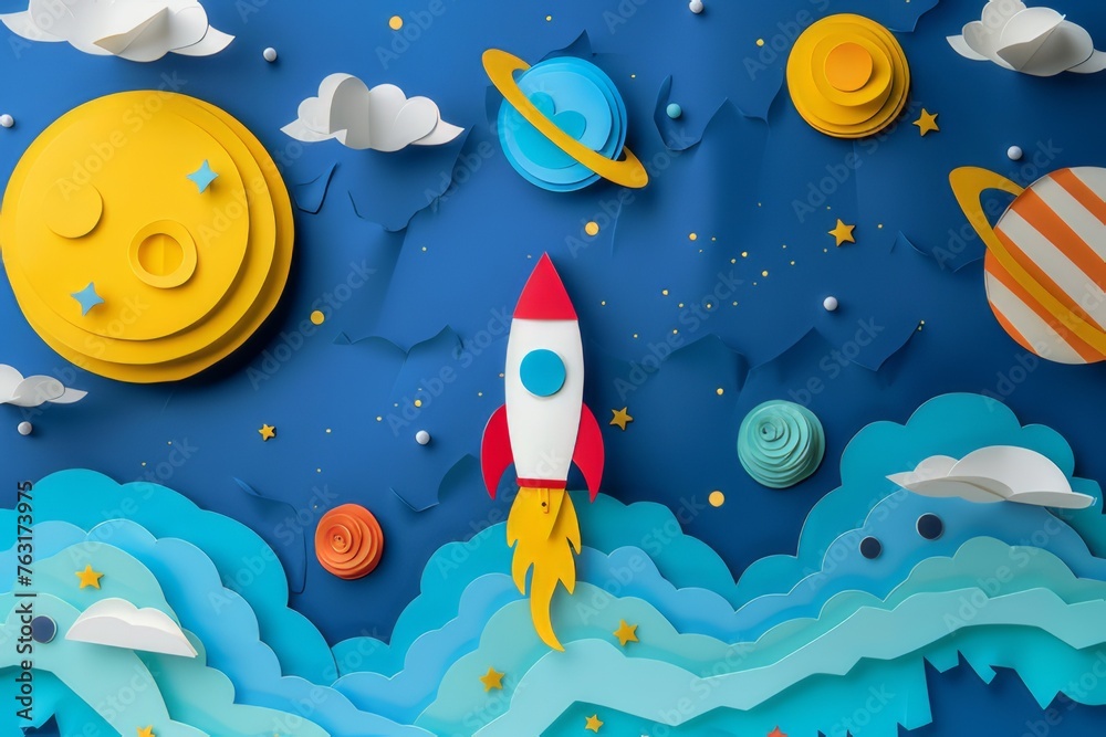 Paper craft art images depicting space exploration scenes. Complete with paper rockets and planets. Paper craft art images depicting space exploration scenes. Complete with paper rockets and planets.