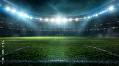 Illuminated Soccer Stadium with Intense Mist and Lush Green Pitch at Night. Copy space. Generative AI