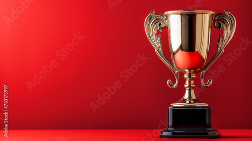 Golden trophy with ornate handles on a black pedestal against a red background. Copy space. Generative AI