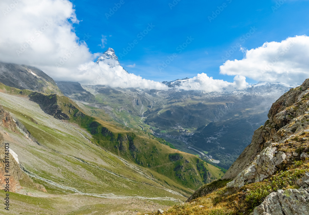 Breuil-Cervinia (Italy) - A view of Cervino mountain range of Alps in Valle d'Aosta region, here with trekking paths, alpin lakes ed alpinistic Ferrata Vofrède. Breuil-Cervinia (Italy) - A view of Cervino mountain range of Alps in Valle d'Aosta region, here with trekking paths, alpin lakes ed alpinistic Ferrata Vofrède.