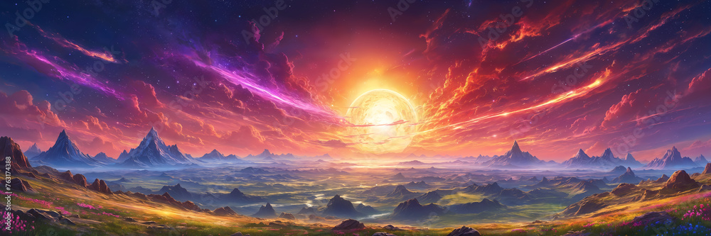 A colorful landscape with mountains, hills, and a sun in center. The scene is filled with various colors and elements, creating a visually striking and imaginative representation of the natural world