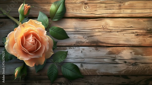 Single Peach Rose with Green Leaves in Full Bloom