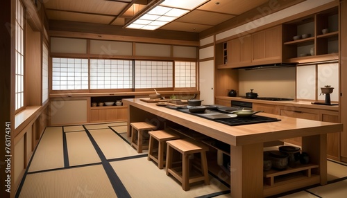 A Japanese-inspired kitchen with sliding shoji screens, tatami flooring, and a built-in teppanyaki grill for cooking traditional dishes.