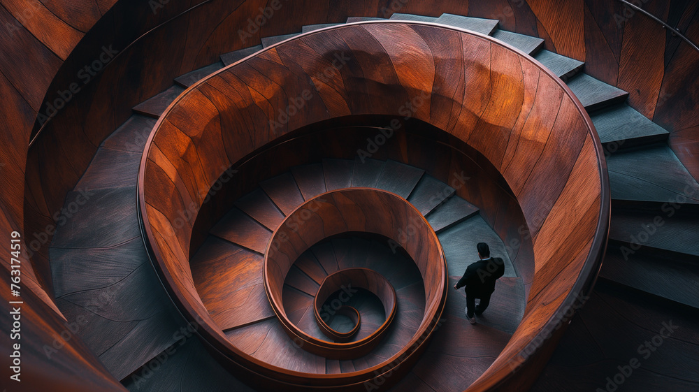 Businessman climbing a spiral wooden staircase in a modern office building.