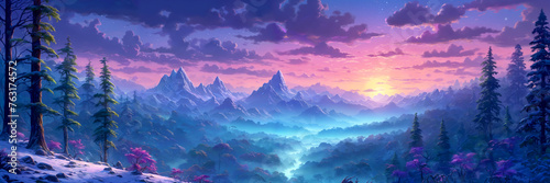 A mountain landscape with a river flowing through it. The scene is set in a wilderness area, with trees and a sky featuring a mix of blue and purple hues. The river is surrounded by a forest.