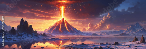 A fantastical scene of a volcano with a lava flow coming out of it, creating a dramatic and otherworldly landscape. The mountain and the lava are set against a sky backdrop.
