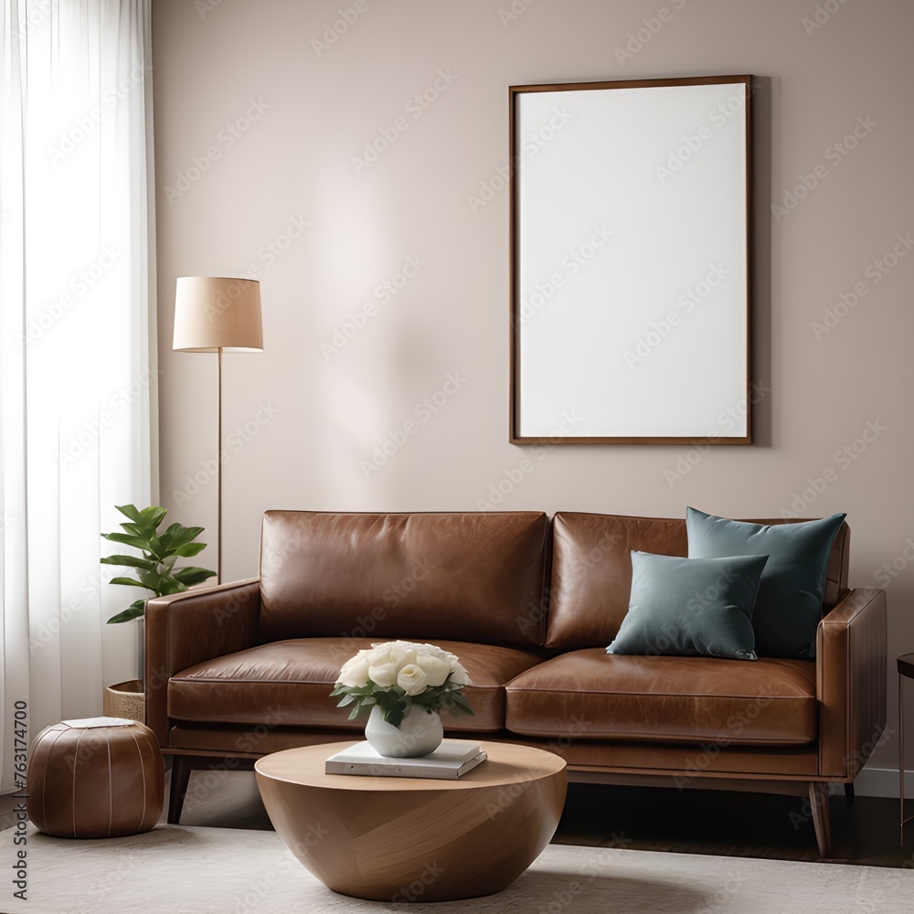 Poster frame mockup on the wall of a living room with a mid-century modern style, interior mockup design
