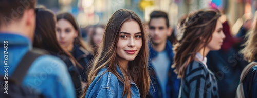 A young woman stands out from the crowd of people on a city street, looking at the camera with a confident smile and a happy facial expression while standing among a group of other teenagers