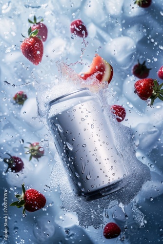 Aluminum cans without logos with splashes of ice and berries. Layout for advertising banners, etc