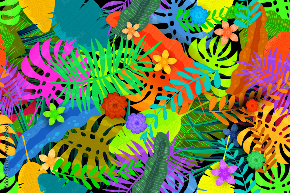 Fototapeta premium Tropical exotic Seamless pattern background. Colorful jungle leaves, flowers