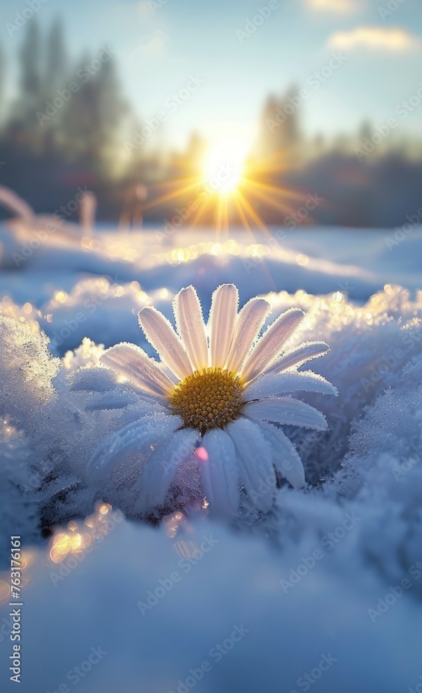 A beautiful snow-covered field, with a blooming daisy in the centre of it. The sun shines on that flower and illuminates everything around it. - obrazy, fototapety, plakaty 