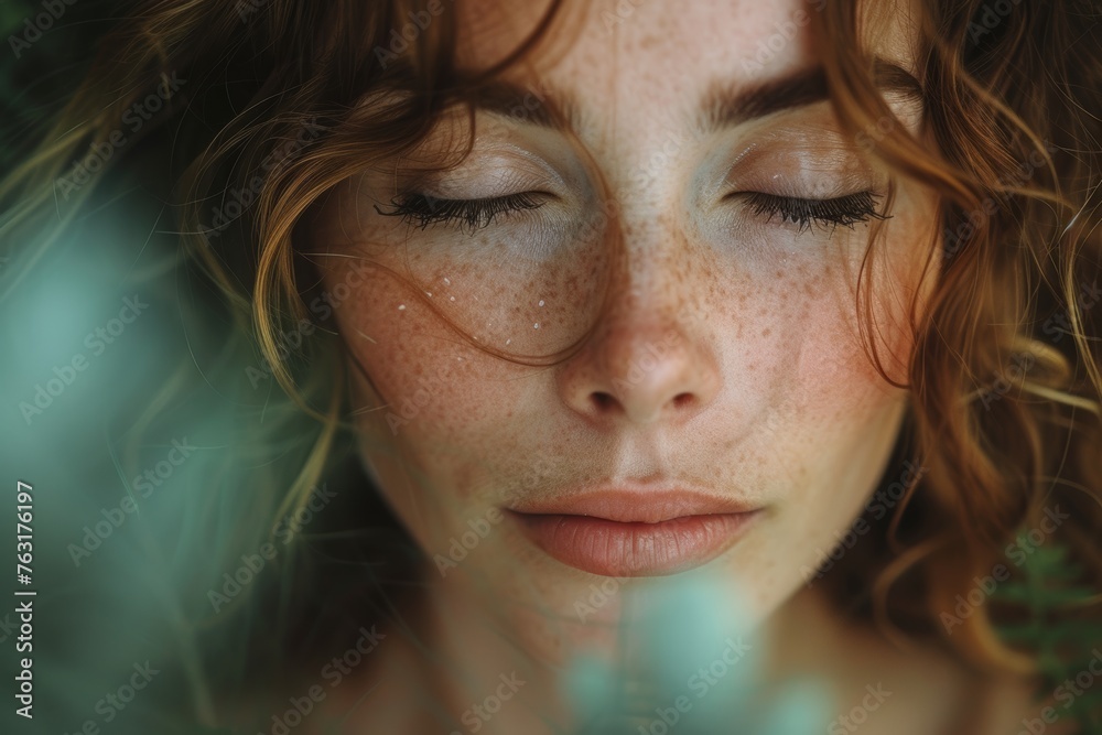Close-up portrait of a woman with freckles, keeping her eyes closed, in a garden. Close-up portrait of a woman with freckles, keeping her eyes closed, in a garden.
