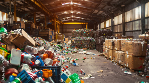 Inside a recycling warehouse where bales of compacted plastic waste are stored alongside loose recyclables