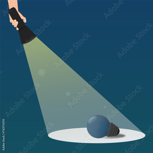 Hand holding flashlight finds dead bulb design vector illustration