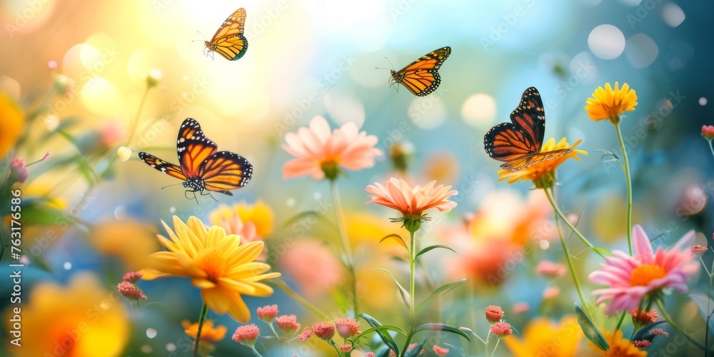 Vibrant butterflies fluttering over blooming flowers under the light of a sunny day